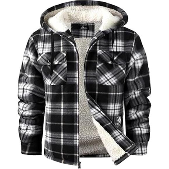 Men's Flannel Shirt Jacket Fleece Sherpa Lined Plaid Jackets Coat Full Zip Up - Picture 1 of 6